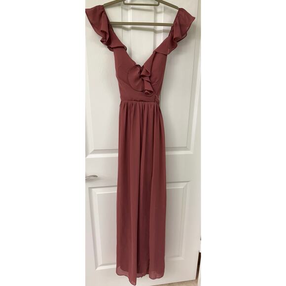 Revelry bridesmaid 2 mauve dusty rose maxi formal dress v neck chiffon flutter - Picture 6 of 11